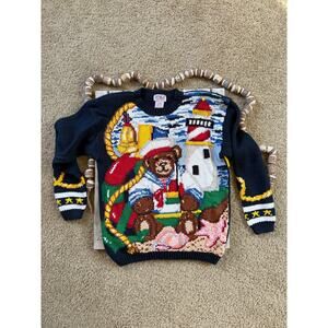 Vintage PBJ Sport Teddy Bear Costal Sailor Beach Lighthouse Knit Sweater, M